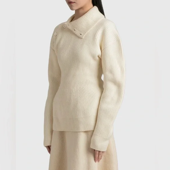Jil Sander Asymmetric Button Turtleneck Knit Sweater Ivory Long Sleeve Sz 34-S/M - Picture 11 of 16